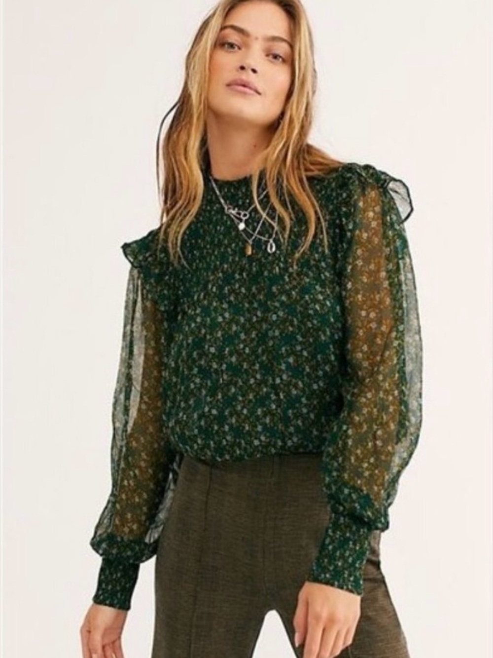 Free People Roma Blouse Top Ditsy Floral Green M Boho Prairie Career